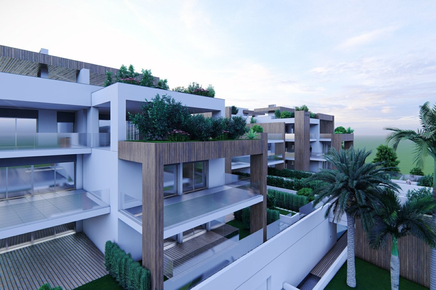 Ericeira apartments, render of the balconies and roof gardens